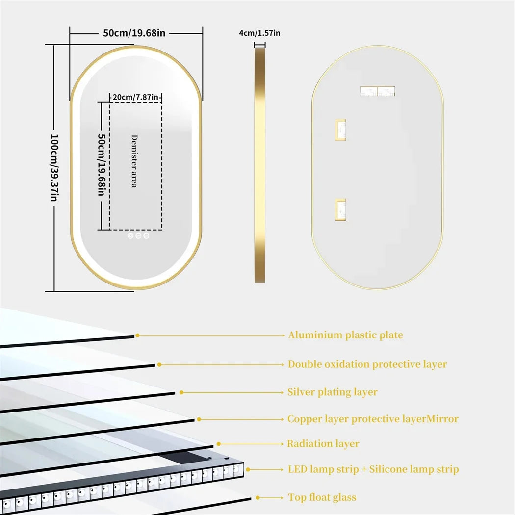 LUVODI Luxury Oval LED Bathroom Mirror with Gold Aluminium Frame & Demister