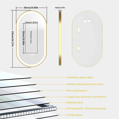 LUVODI Luxury Oval LED Bathroom Mirror with Gold Aluminium Frame & Demister