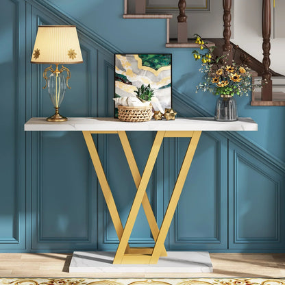 Klassyx industrial console table with a metal frame and wooden top, ideal for entryways or living room decor.