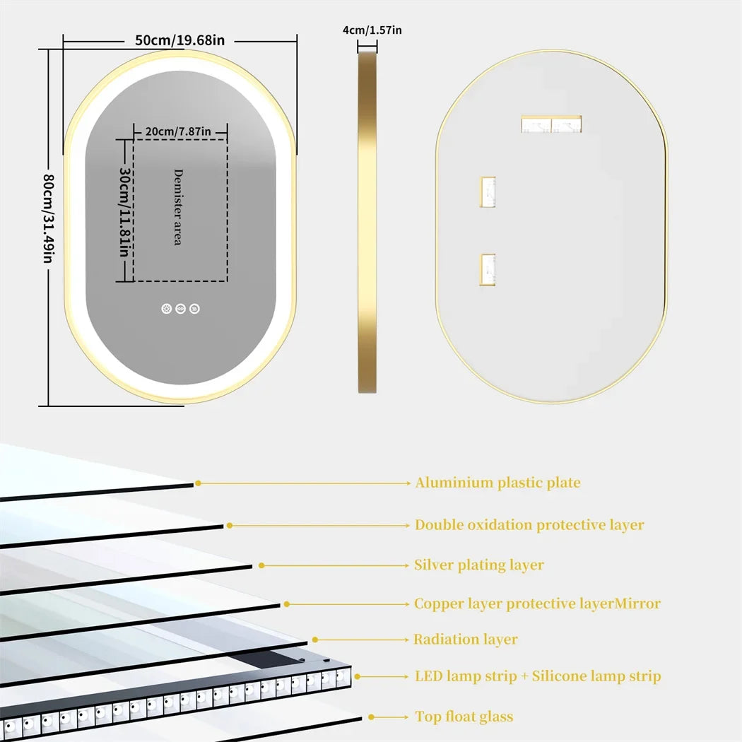 LUVODI Luxury Oval LED Bathroom Mirror with Gold Aluminium Frame & Demister