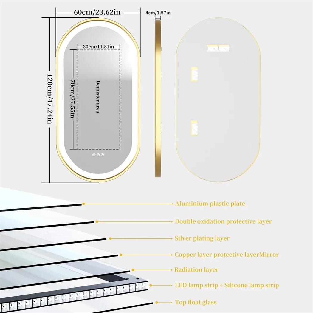 LUVODI Luxury Oval LED Bathroom Mirror with Gold Aluminium Frame & Demister