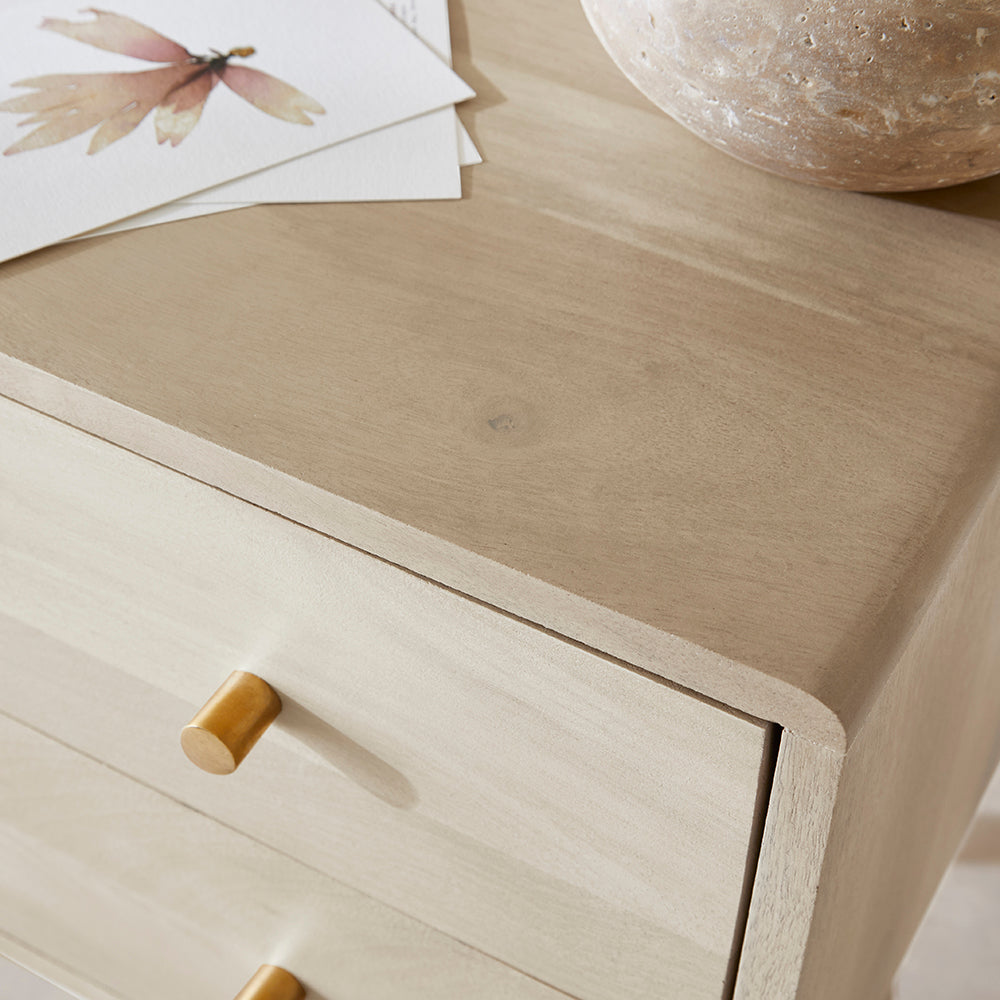 White Logan narrow bedside table made of minimalist mango wood with a sleek design, perfect for modern nightstand decor.