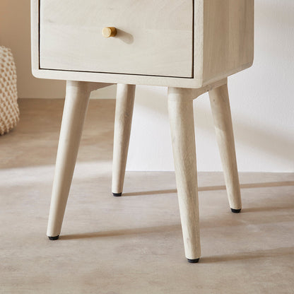Minimalist white mango wood Logan nightstand by Fishe and Lilly, featuring a narrow design and sleek Scandinavian style.