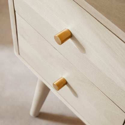 Minimalist white mango wood Logan bedside table by Fishe and Lilly, featuring a narrow design and clean Scandinavian style.
