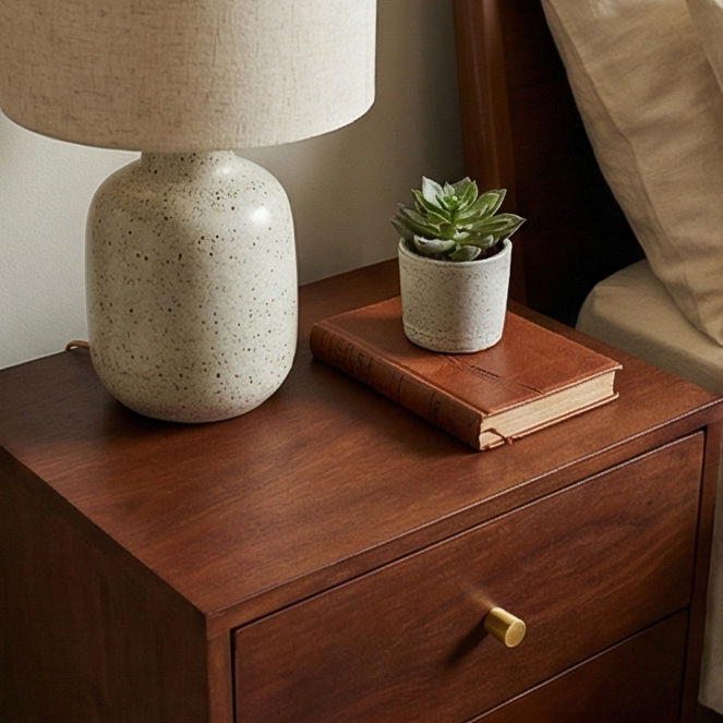 Scandinavian Walnut Oslo Bedside Table by Fishe and Lilly, featuring a sleek modern design with a walnut finish and storage drawer.