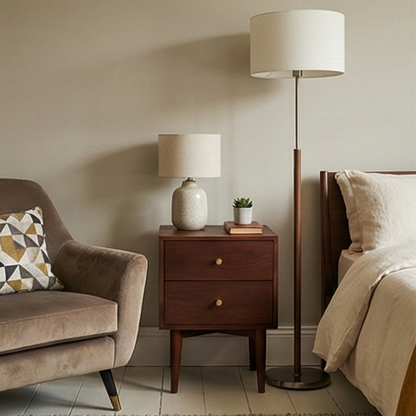 Scandinavian walnut Oslo bedside table by Fishe and Lilly with a sleek modern design and two drawers.