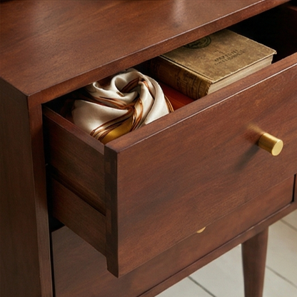 Scandinavian walnut Oslo bedside table by Fishe and Lilly with a sleek, modern design and clean lines.