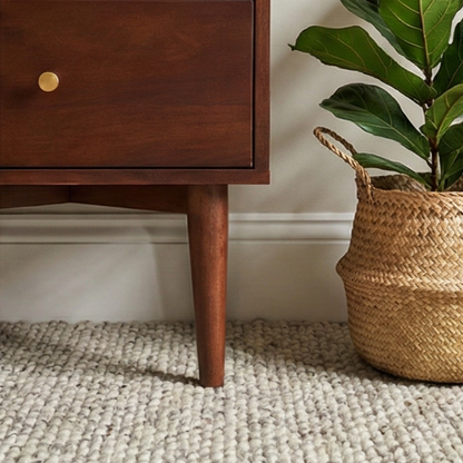 Scandinavian Walnut Oslo bedside table by Fishe and Lilly with a sleek modern design and wood finish, featuring a single drawer.