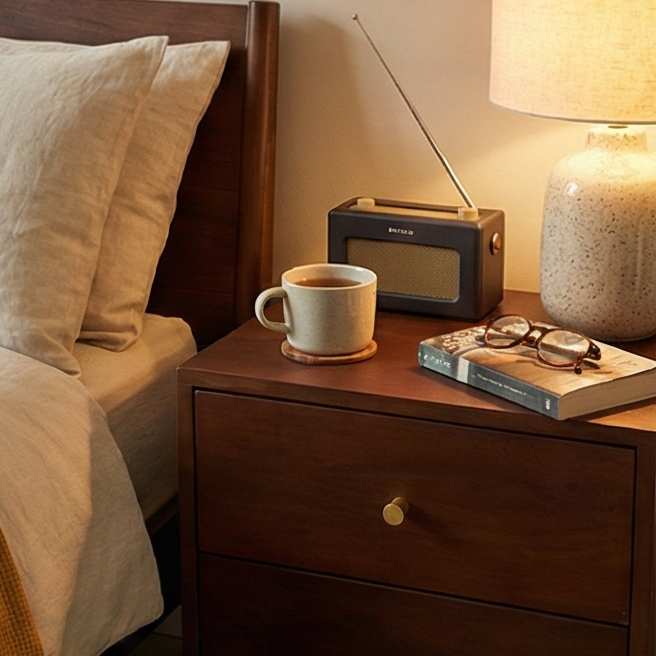 Walnut Oslo bedside table by Fishe and Lilly, featuring a sleek Scandinavian design with clean lines and a smooth finish.