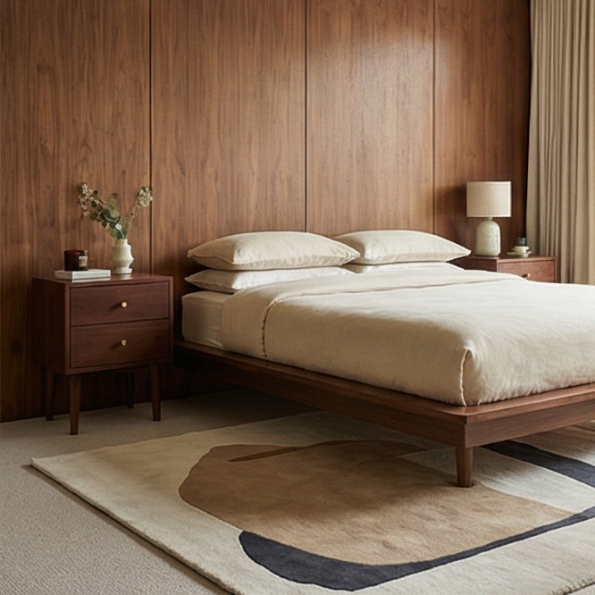 Scandinavian Walnut Oslo bedside table by Fishe and Lilly with sleek design and natural wood finish, featuring a single drawer and open shelf.