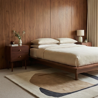 Scandinavian Walnut Oslo bedside table by Fishe and Lilly with sleek design and natural wood finish, featuring a single drawer and open shelf.