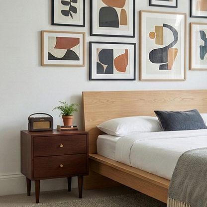 Scandinavian Walnut Oslo bedside table by Fishe and Lilly with a sleek modern design and natural wood finish.