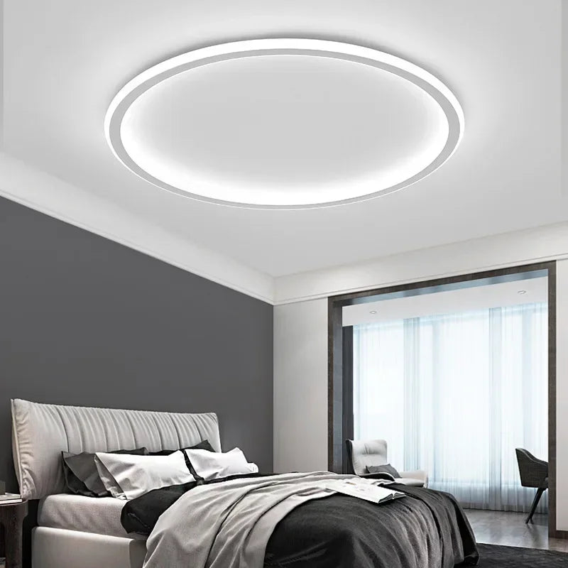 Dimmable LED ring flush mount chandelier in black and white, modern ceiling light fixture with sleek design by Light My House