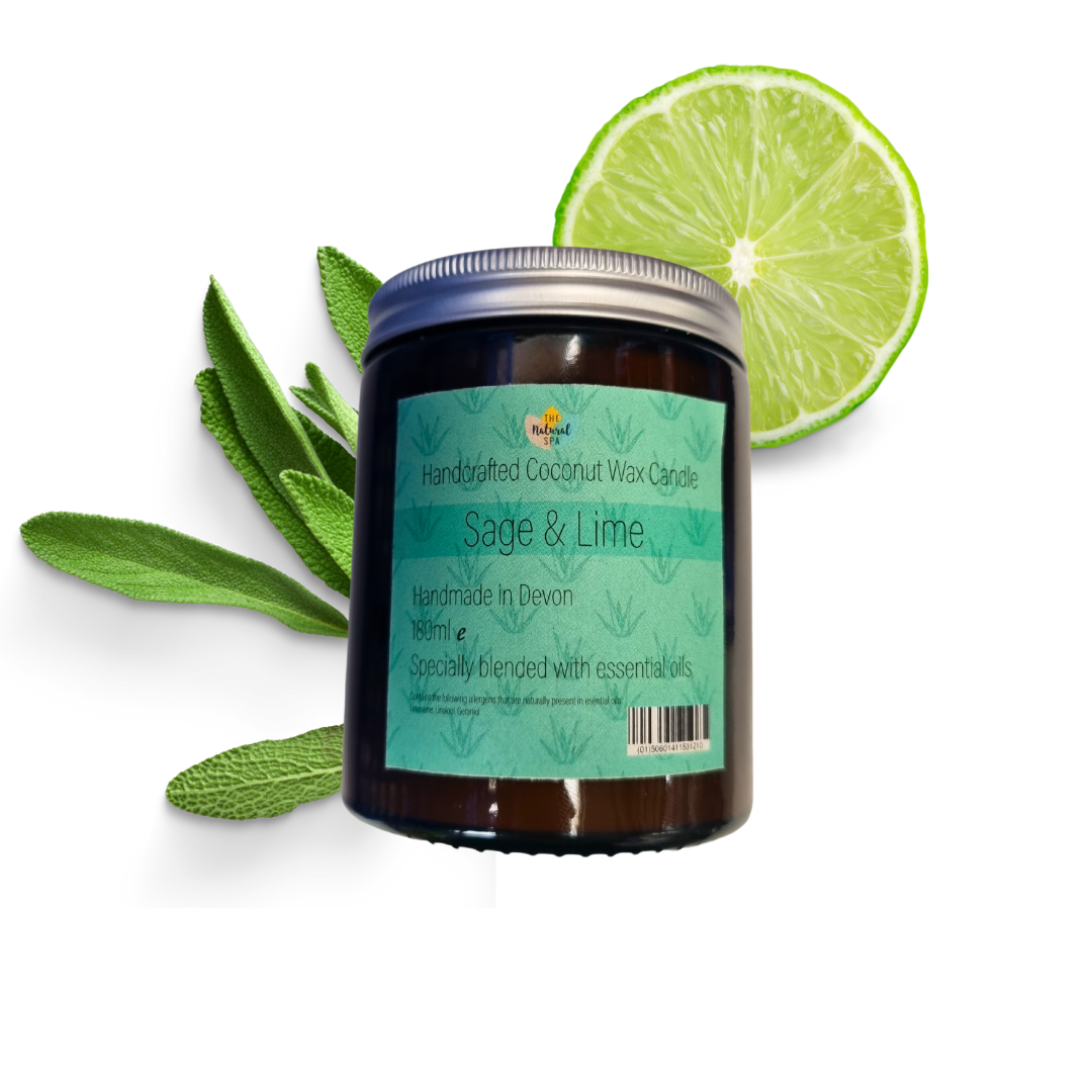 Sage & Lime hand-poured coconut wax candle from thenaturalspa in two sizes, with a white ceramic container and green sage and lime accents.
