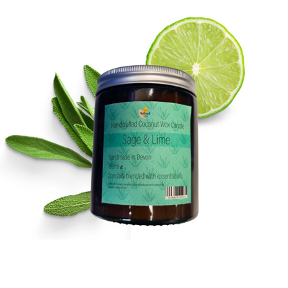 Sage & Lime hand-poured coconut wax candle from thenaturalspa in two sizes, with a white ceramic container and green sage and lime accents.