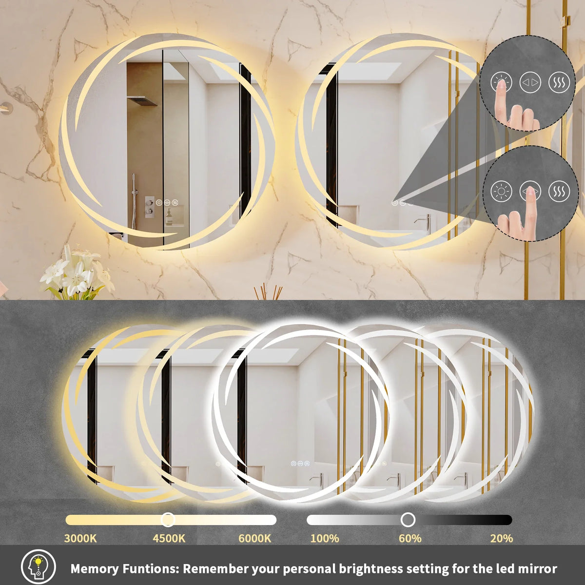 Modern LED wall mirror with adjustable light settings on a marble wall.
