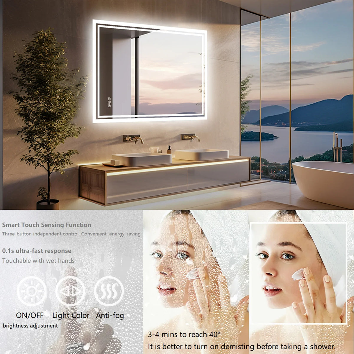 LED Illuminated Bathroom Mirror with Anti-Fog & 3-Colour Touch Lighting