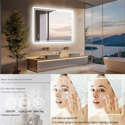 LED Illuminated Bathroom Mirror with Anti-Fog & 3-Colour Touch Lighting