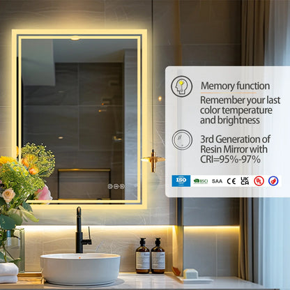 LED Illuminated Bathroom Mirror with Anti-Fog & 3-Colour Touch Lighting