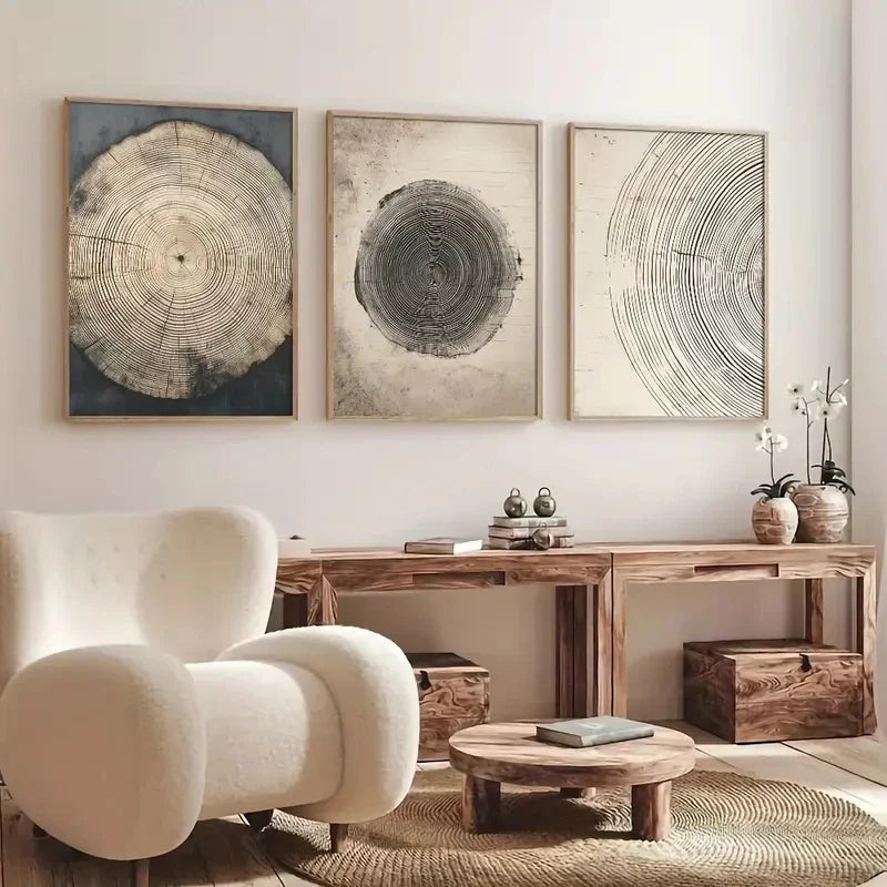 Three minimalist boho tree ring posters from DArtano, featuring natural wood textures and simple botanical designs.