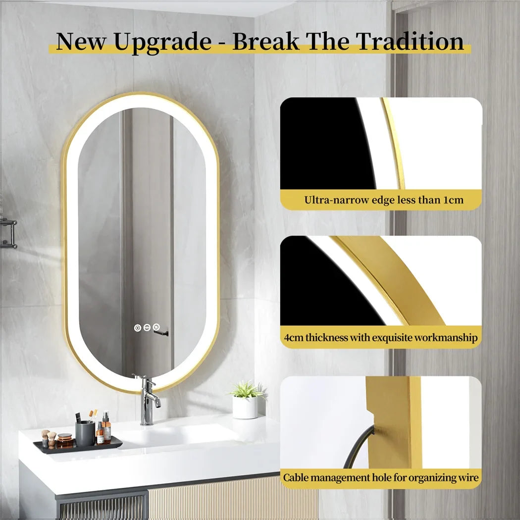 LUVODI Luxury Oval LED Bathroom Mirror with Gold Aluminium Frame & Demister