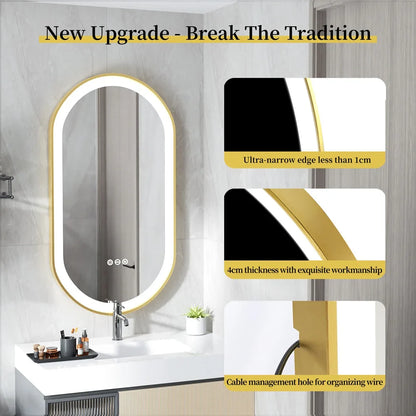 LUVODI Luxury Oval LED Bathroom Mirror with Gold Aluminium Frame & Demister