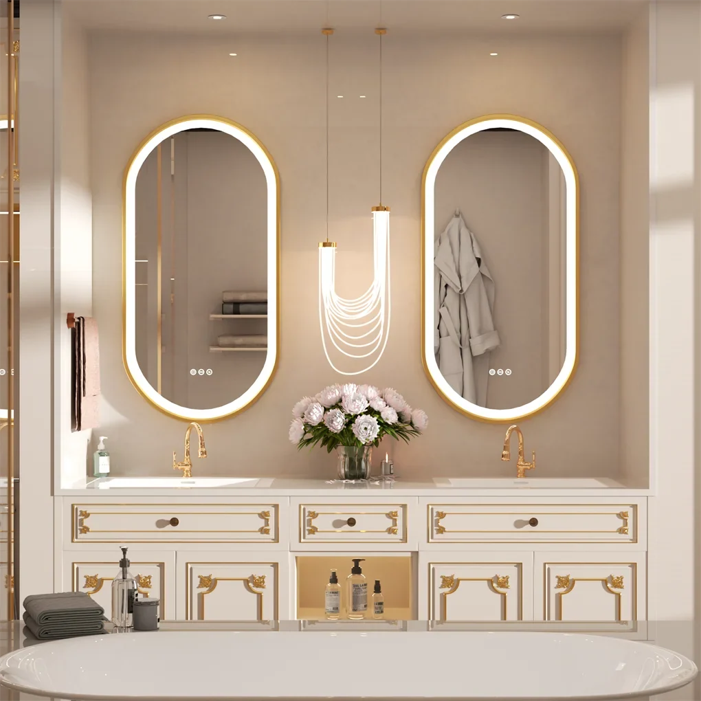 Bathroom vanity with illuminated mirrors and decorative elements.
