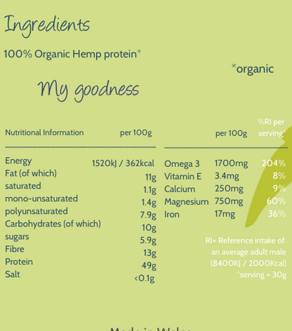 Organic hemp protein powder by Marvellous Superfood, showing a close-up of the green, powdery superfood in a container.