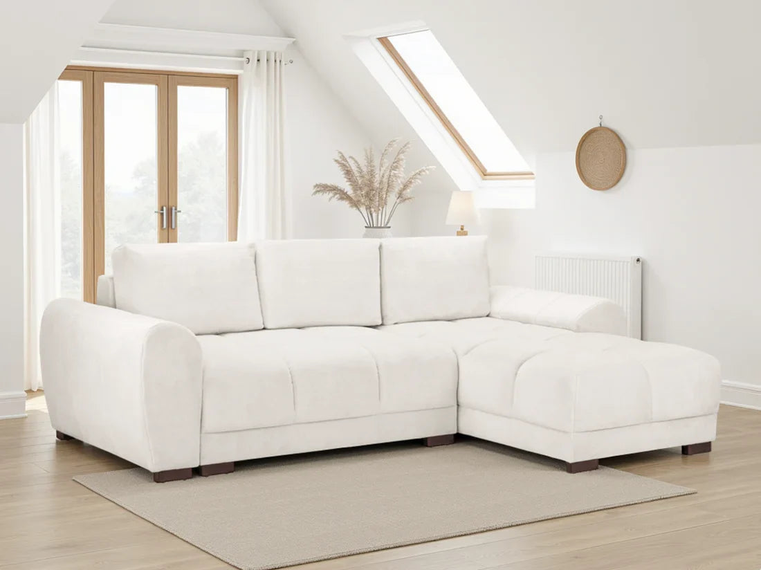 Azzuro Universal Corner Sofabed in plush velvet with convertible design and built-in storage, shown in a modern living room setting.
