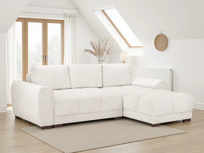 Azzuro Universal Corner Sofabed in plush velvet with convertible design and built-in storage, shown in a modern living room setting.