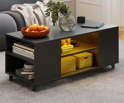 Black High Gloss Coffee Table - RGB LED Lights & Adjustable Shelf, 97.5x48x45cm for Living Room/Office