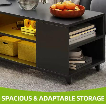 Black High Gloss Coffee Table - RGB LED Lights & Adjustable Shelf, 97.5x48x45cm for Living Room/Office