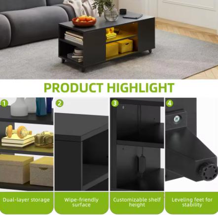 Black High Gloss Coffee Table - RGB LED Lights & Adjustable Shelf, 97.5x48x45cm for Living Room/Office