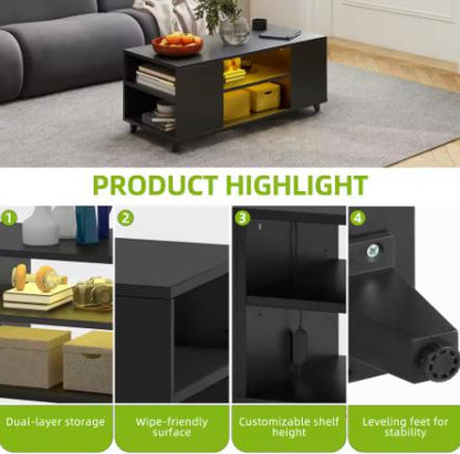 Black High Gloss Coffee Table - RGB LED Lights & Adjustable Shelf, 97.5x48x45cm for Living Room/Office