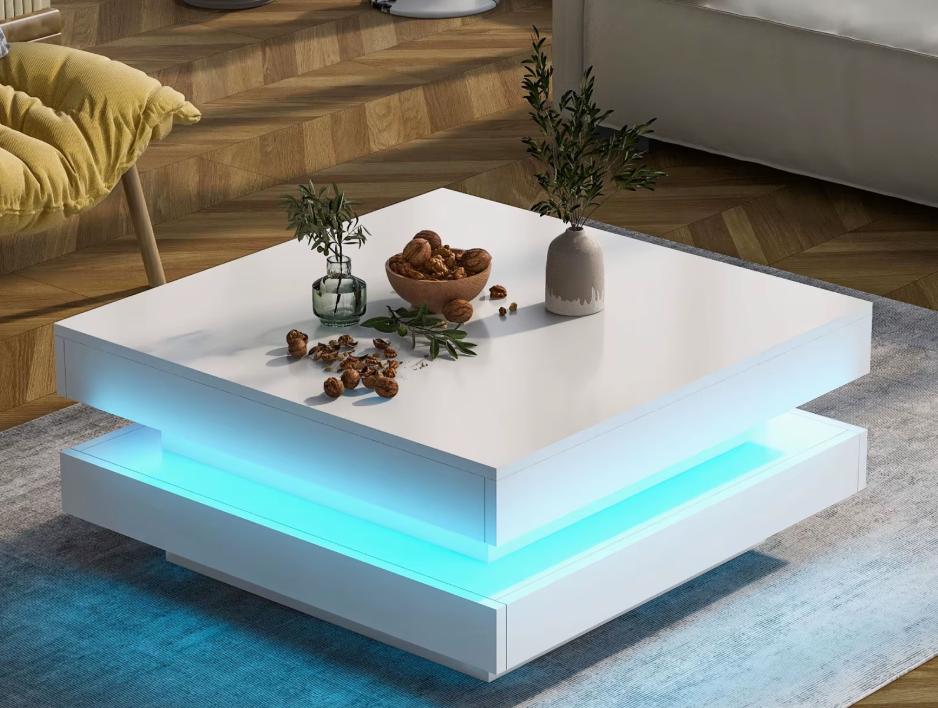 Square High Gloss Coffee Table with 360° Rotating Top,Tea Table with 16-Color LED