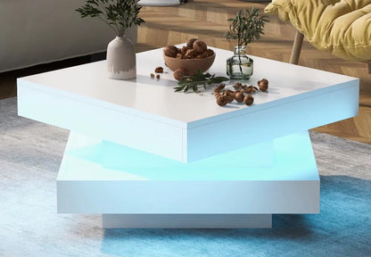 Square High Gloss Coffee Table with 360° Rotating Top,Tea Table with 16-Color LED