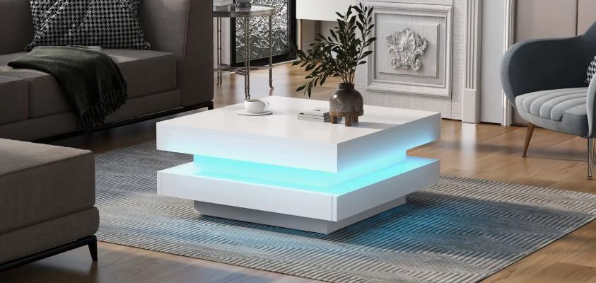 Square High Gloss Coffee Table with 360° Rotating Top,Tea Table with 16-Color LED
