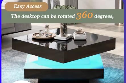 Square High Gloss Coffee Table with 360° Rotating Top,Tea Table with 16-Color LED