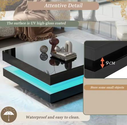 Square High Gloss Coffee Table with 360° Rotating Top,Tea Table with 16-Color LED