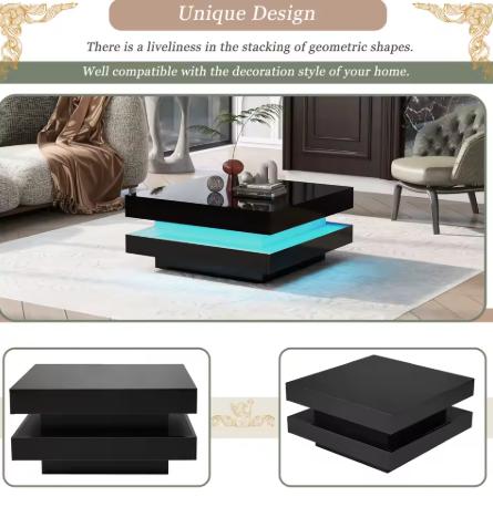 Square High Gloss Coffee Table with 360° Rotating Top,Tea Table with 16-Color LED