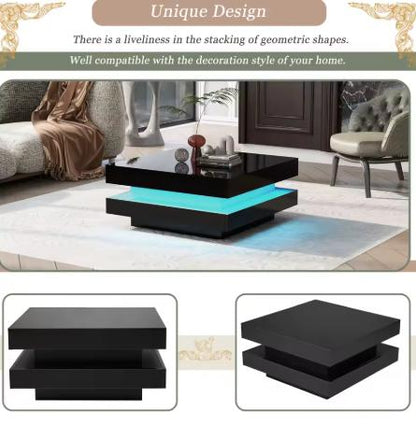 Square High Gloss Coffee Table with 360° Rotating Top,Tea Table with 16-Color LED