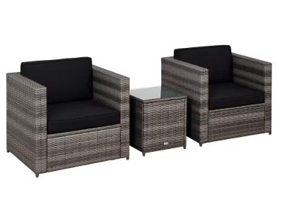 Outsunny 3 Pieces Rattan Bistro Set, Wicker Garden Furniture Set with Glass Top Coffee Table and Chairs