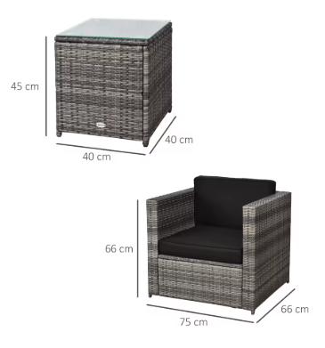 Outsunny 3 Pieces Rattan Bistro Set, Wicker Garden Furniture Set with Glass Top Coffee Table and Chairs