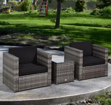 Outsunny 3 Pieces Rattan Bistro Set, Wicker Garden Furniture Set with Glass Top Coffee Table and Chairs