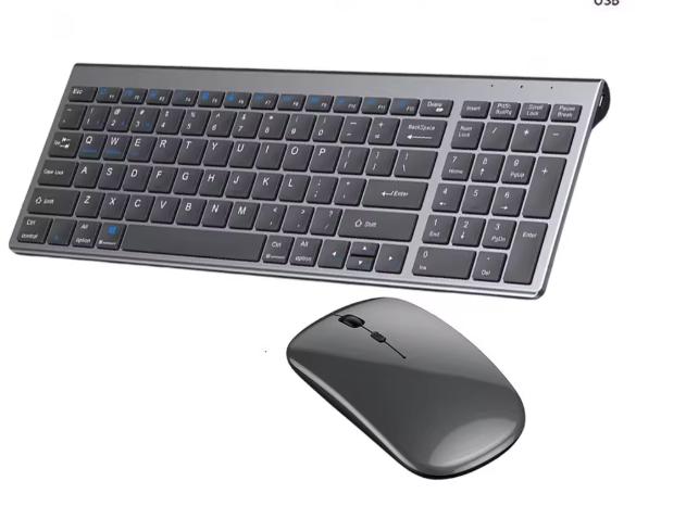 Gray Bluetooth 5.0 and 2.4G Wireless Keyboard and Mouse Combo, Rechargeable Full-Size Set for Laptops and Notebooks