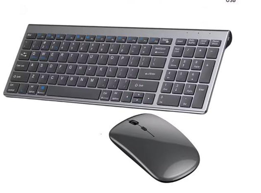 Gray Bluetooth 5.0 and 2.4G Wireless Keyboard and Mouse Combo, Rechargeable Full-Size Set for Laptops and Notebooks