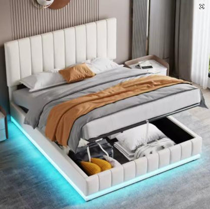 King Bed with LED Lighting, PU Leather Upholstered 5ft Bed with Hydraulic Storage