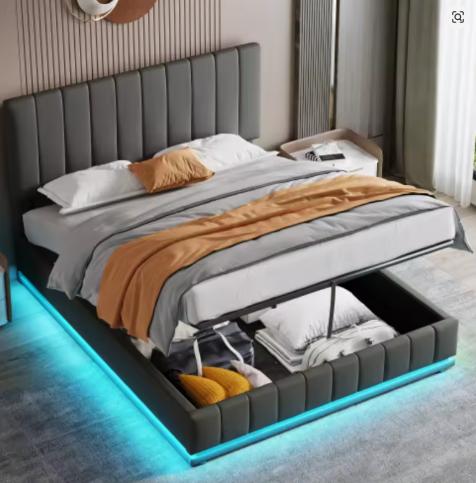 King Bed with LED Lighting, PU Leather Upholstered 5ft Bed with Hydraulic Storage