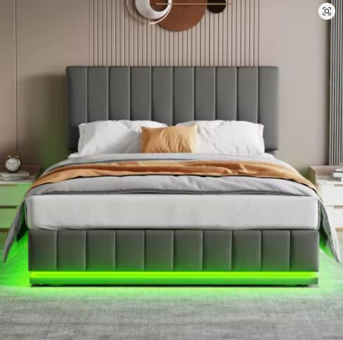 King Bed with LED Lighting, PU Leather Upholstered 5ft Bed with Hydraulic Storage