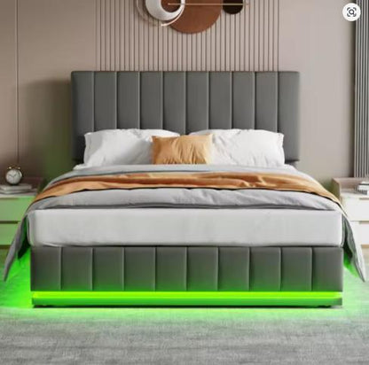 King Bed with LED Lighting, PU Leather Upholstered 5ft Bed with Hydraulic Storage